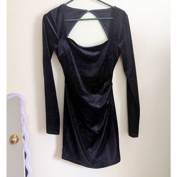 Lovely Day Long Sleeve Blue Glitter Velvet Dress - Picture 3 of 6